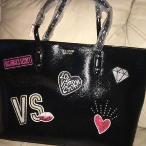 Victoria’s Secret large black tote patches LOVE Victoria NWT
